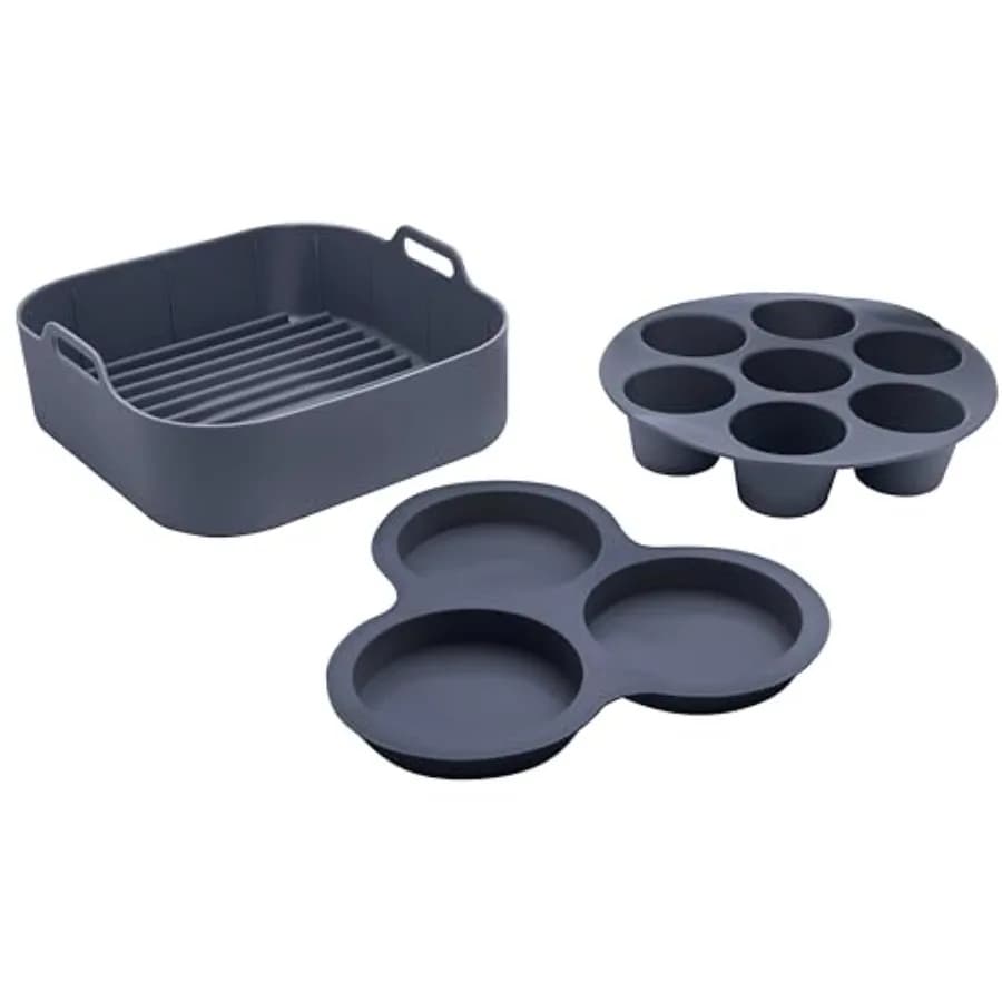 Air Fryer Accessories Set - 3 Piece Silicone Liner, Egg Bite Cooker, 7-Hole Cupcake Mold for Cooking, Black, BPA-Free Nonstick