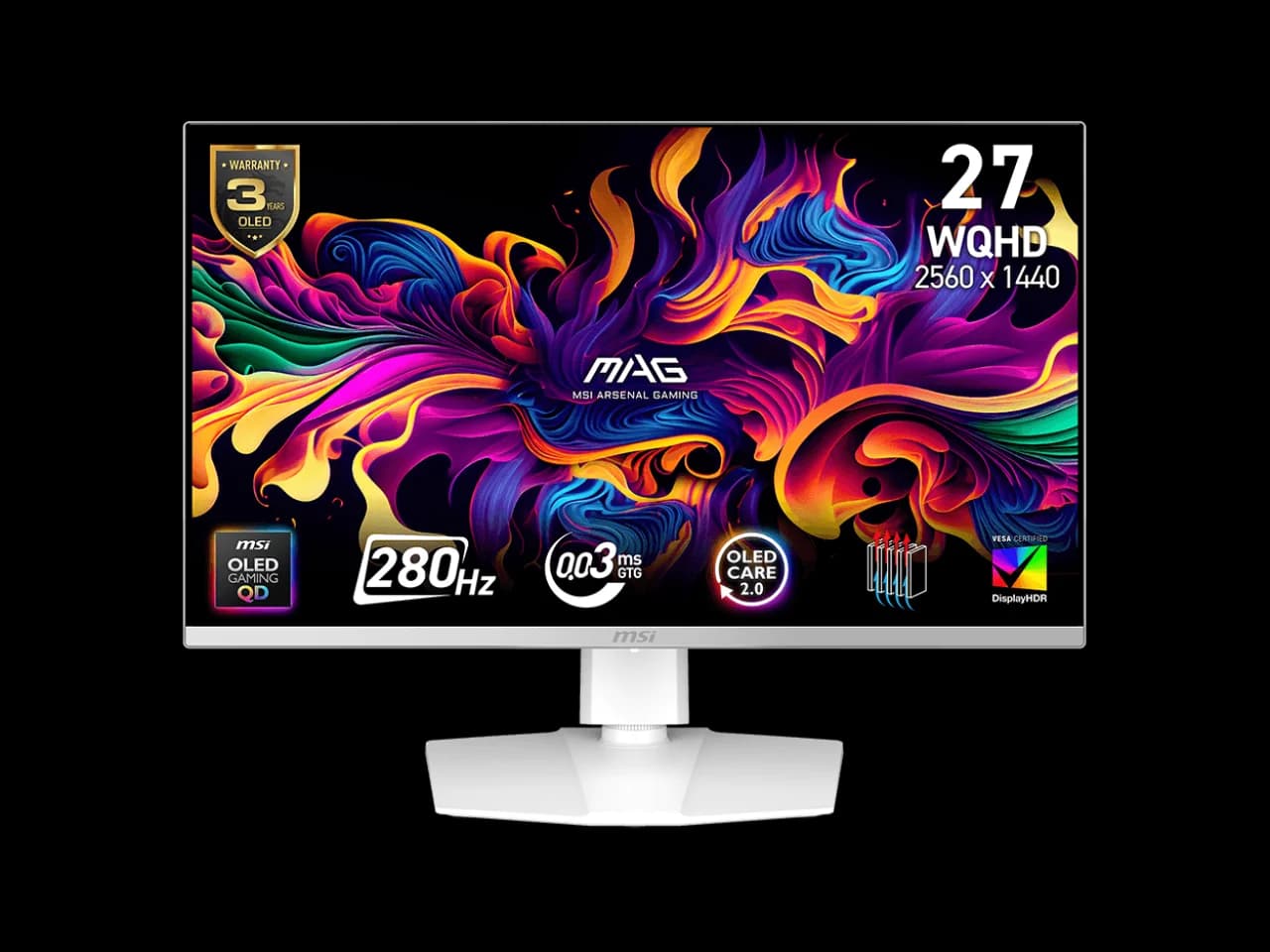 MSI 27" QHD 2K 1440P 280Hz with FreeSync Premium Pro & G-Sync Compatible 0.03ms HDR400 USB-C White OLED Gaming Computer Monitor with Height Adjustable, Swivel, Pivot & Tilt stand MAG272QPW QD-OLED X28