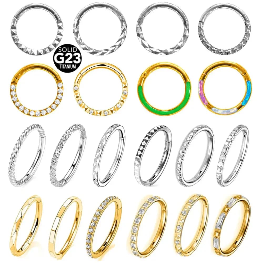 F136 G23 Piramide di titanio Freccia Spetum Piercing Rombo Stella incernierato Clicker Cerchio Segmento Anello al naso CZ Opale Daith Conchiglia Orecchini