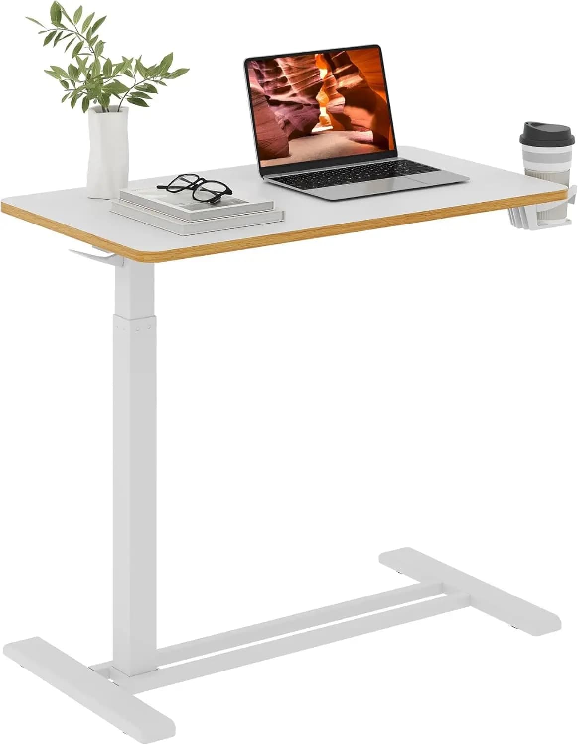 Tavolino Regolabile da Letto con Ruote Nascoste, Scrivania Mobile Pneumatica per Laptop con Vassoio per Casa e Ospedale