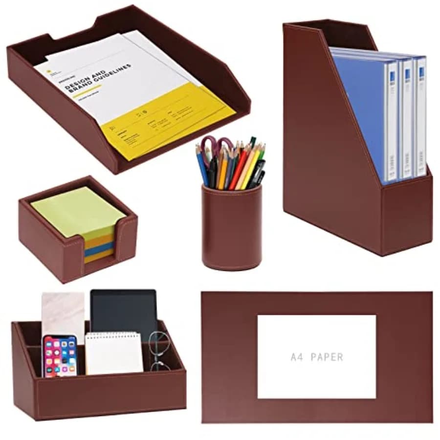 Set di 6 articoli per l'ufficio/organizzatore da scrivania con tavoletta in pelle per scrivere, vassoio porta documenti, porta riviste, portapenne e porta adesivi.