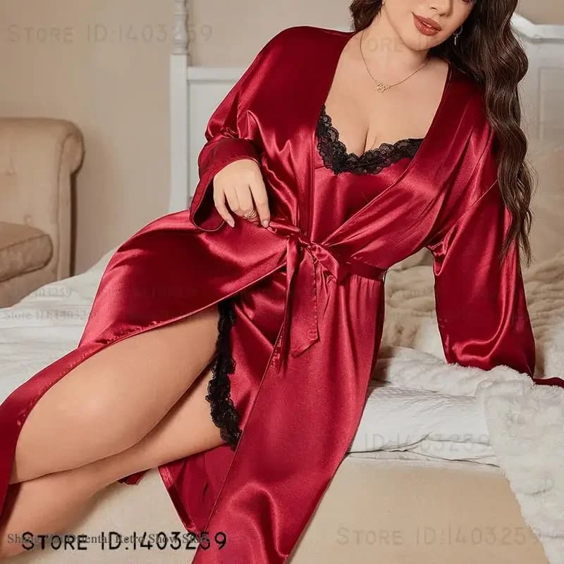 Burgundy Long Robe Nightgown 2PCS Set Thin Silky Satin Kimono Bathrobe Gown Negligee Loose Casual Home Dress Loungewear Lingerie