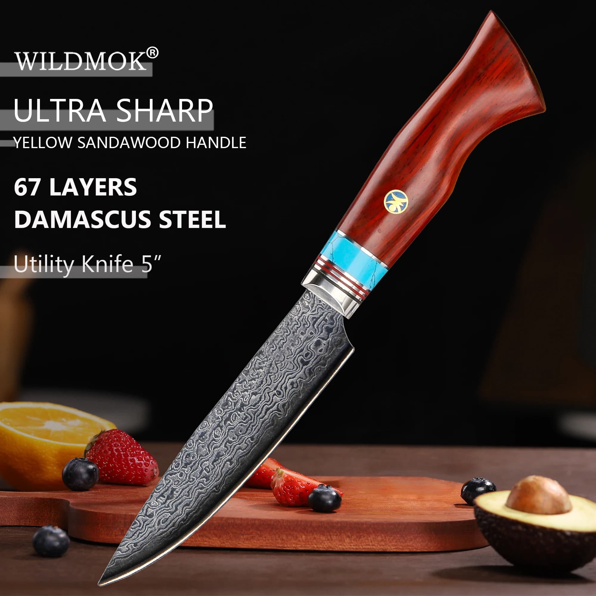 Coltello da Cucina WILDMOK 5 Pollici, Lama in Acciaio Damascato Premium con Manico Antiscivolo in Legno di Sandalo Giallo