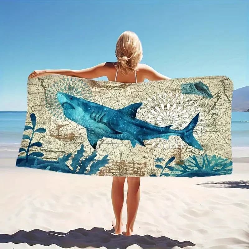 Grande telo mare con stampa squalo, design mappa vintage, microfibra ad asciugatura rapida, anti-sabbia, perfetto per spiaggia, piscina, viaggi