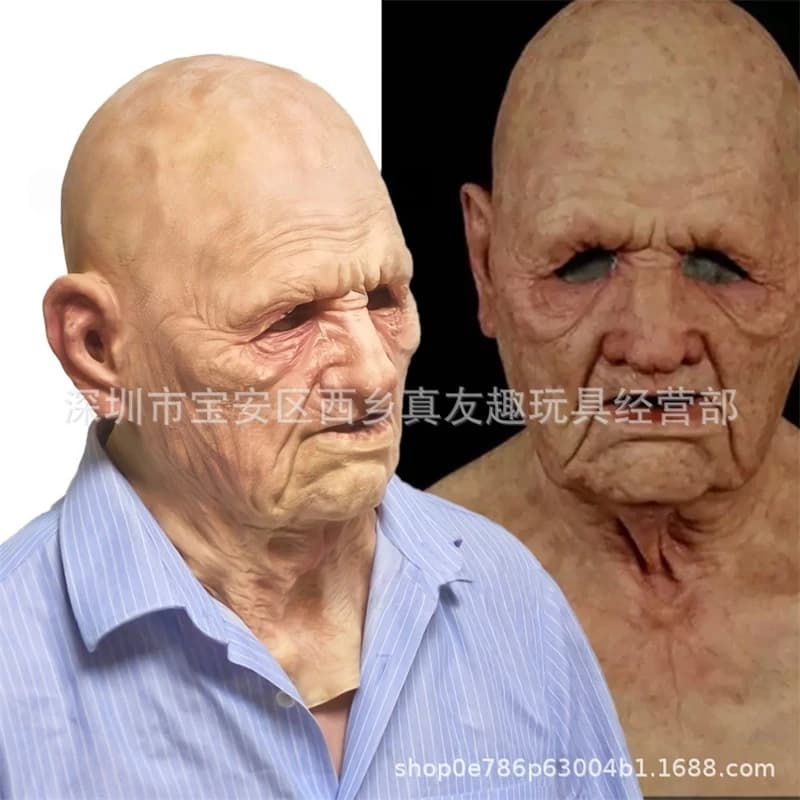 Realistic latex mask for elderly people with wig, old and old costume, scary accessory for adults, jokes, cosplay.