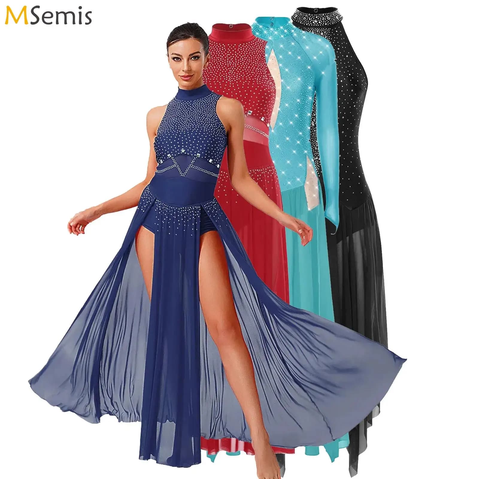 Gonna sovrapposta per body da danza classica lirica senza maniche da donna, pattinaggio di figura, abbigliamento da ballo moderno e contemporaneo, maxi abito lungo diviso