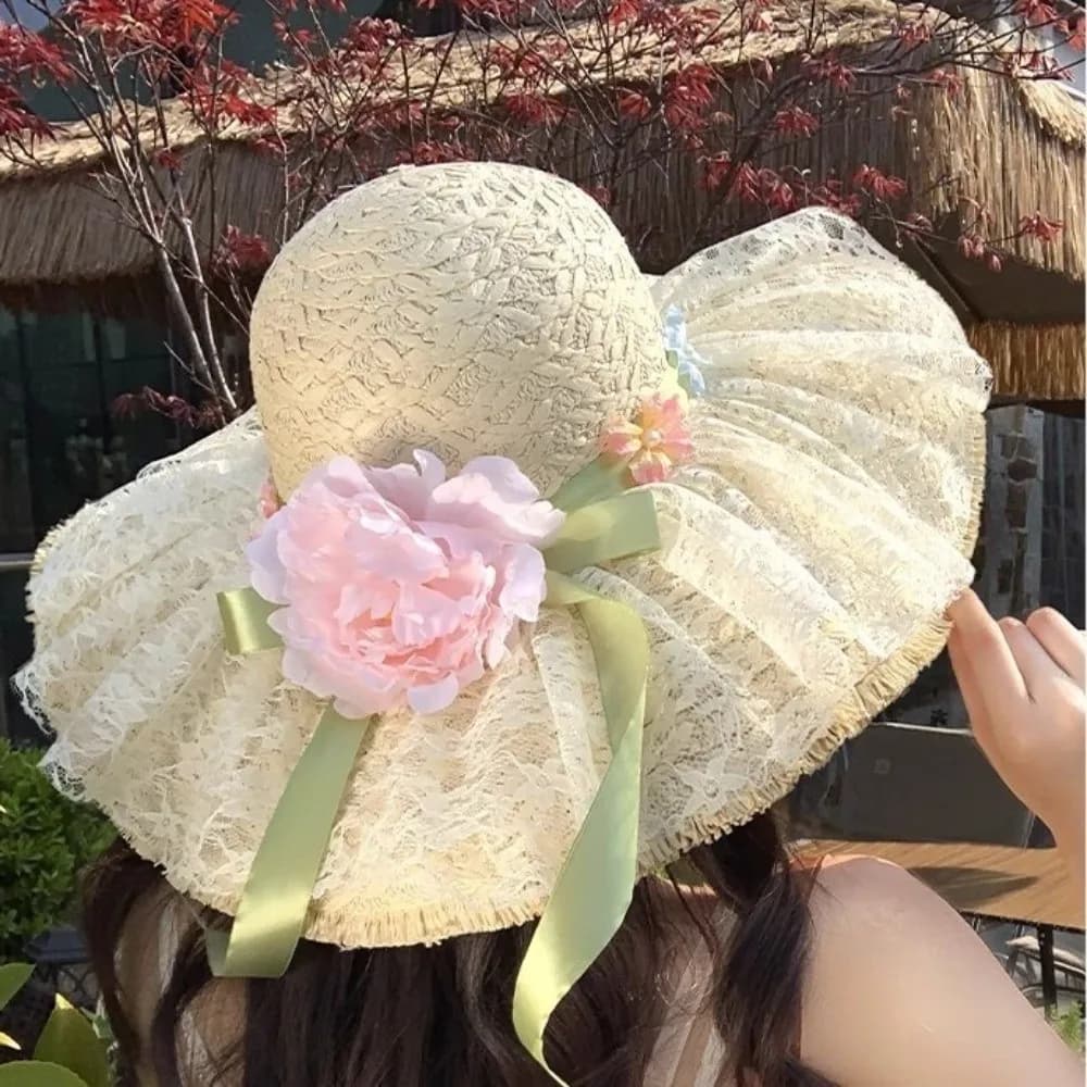 Paglia Hat Lafite alla Moda with Flowers, Tesa Larga, Solar Protection, for Holiday and Beach, Breathable, Braided, Active