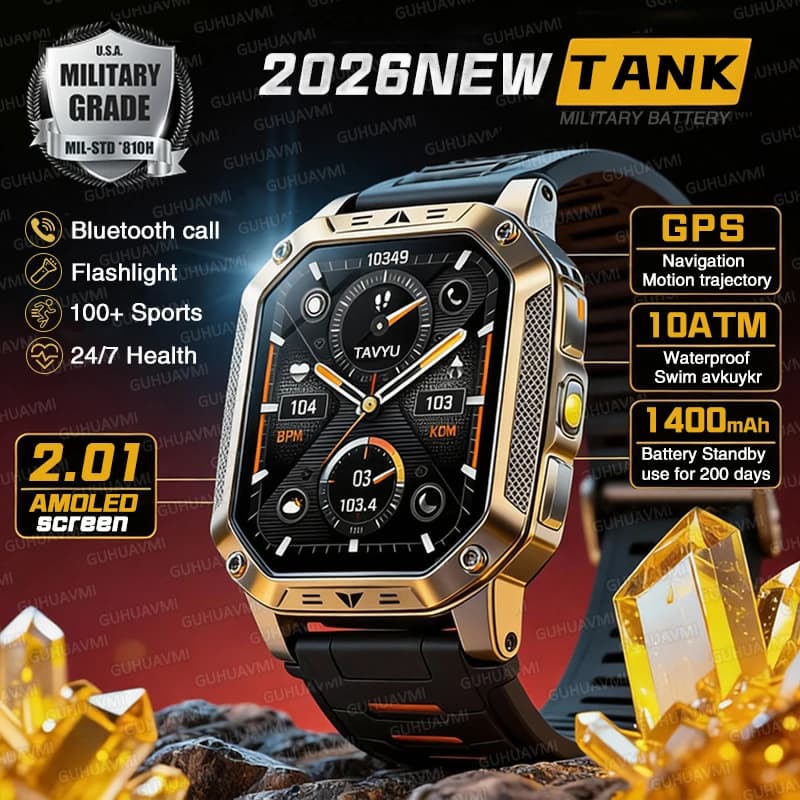 Smartwatch Militare GPS TANK 2026 per Esterni con Tracciamento, Batteria da 1400mAh, Display AMOLED da 2.01", Impermeabile IP68, Torcia LED, Orologio Sportivo da Uomo