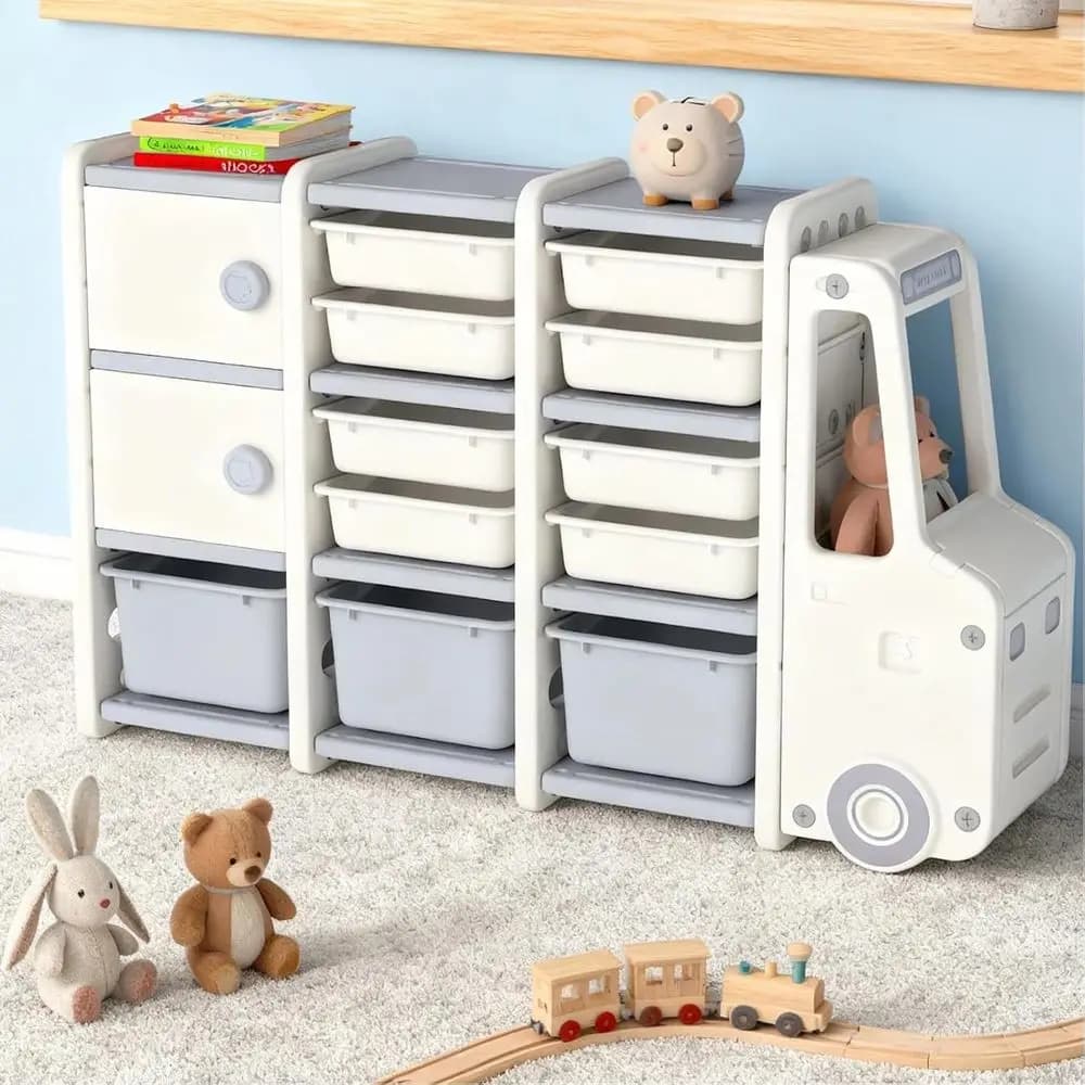 Organizzatore Portaoggetti a Forma di Auto, Scaffale per Giocattoli per Bambini con 11 Contenitori Rimovibili, 2 Armadietti, Ripiano Superiore e Compartimento, Libreria per Bambini o Ragazzi