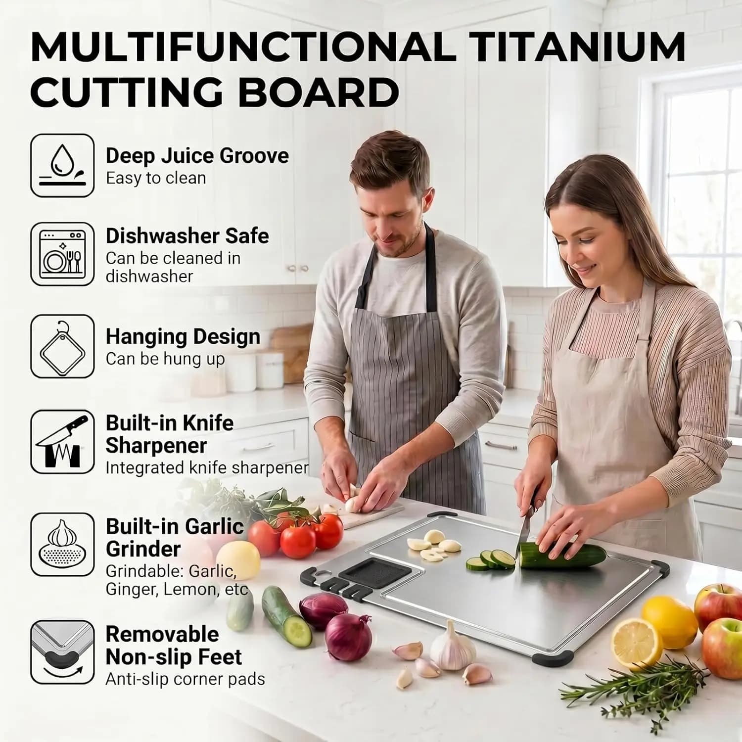 Titanium Cutting Board For Kitchen, 2026 New Food-Grade Board, With Sharpenersr, Garlic Grinding Area, Juice Groove, Non-Slip