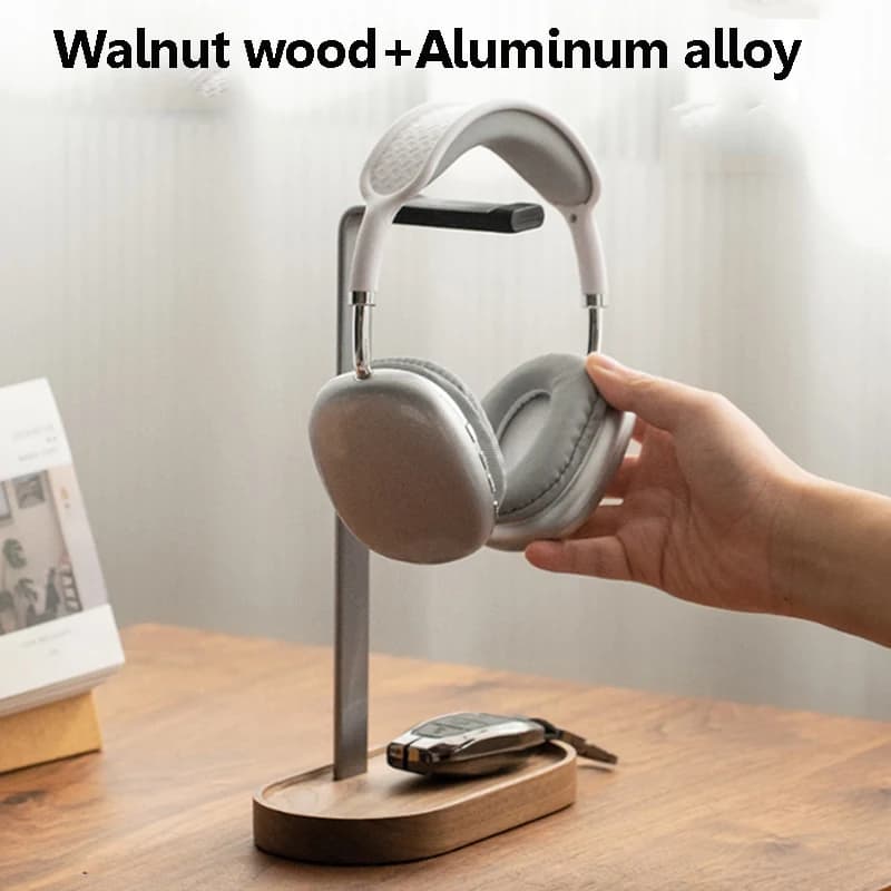 Universal Headphone Support Walnut Wood Headphone Holder + Aluminum Alloy Anti-slip Table Display PC Player Accessories