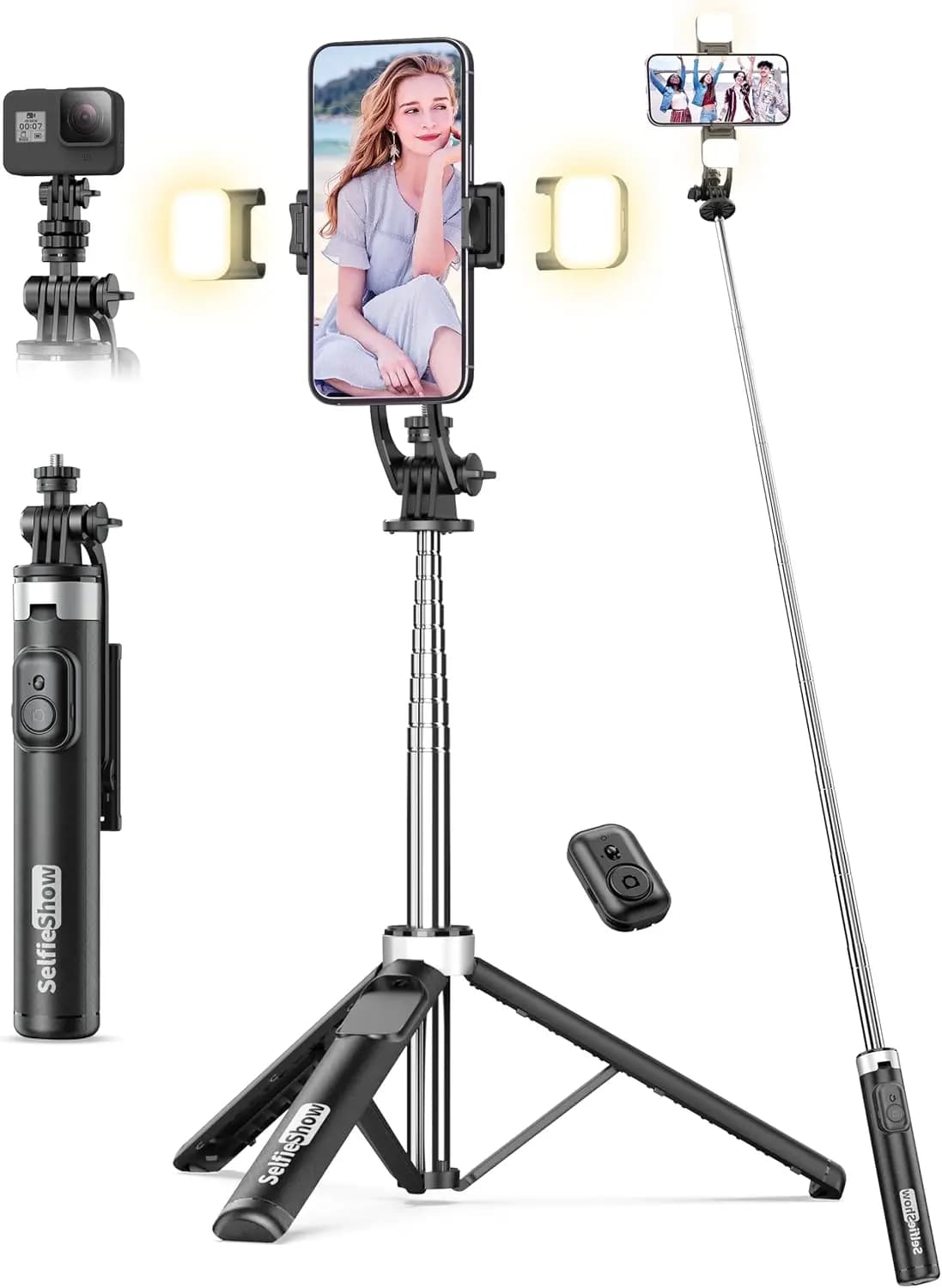 Bastone Selfie Estensibile da 53'' con Luce e Telecomando, Supporto Portatile per Telefono Compatibile con iPhone e Android