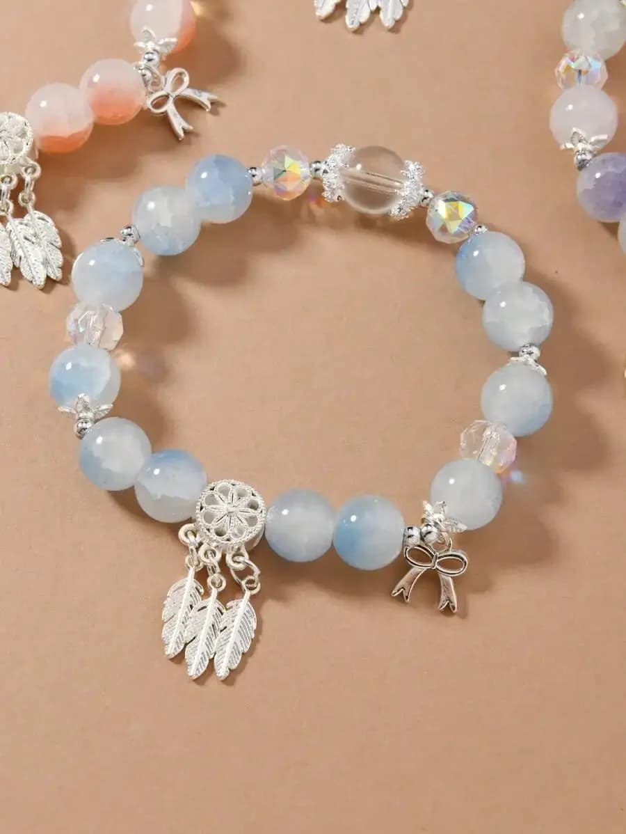 4pcs Handmade Boho Crackle Glass Feather Dreamcatcher Beaded Bracelets For Women Festival Gift