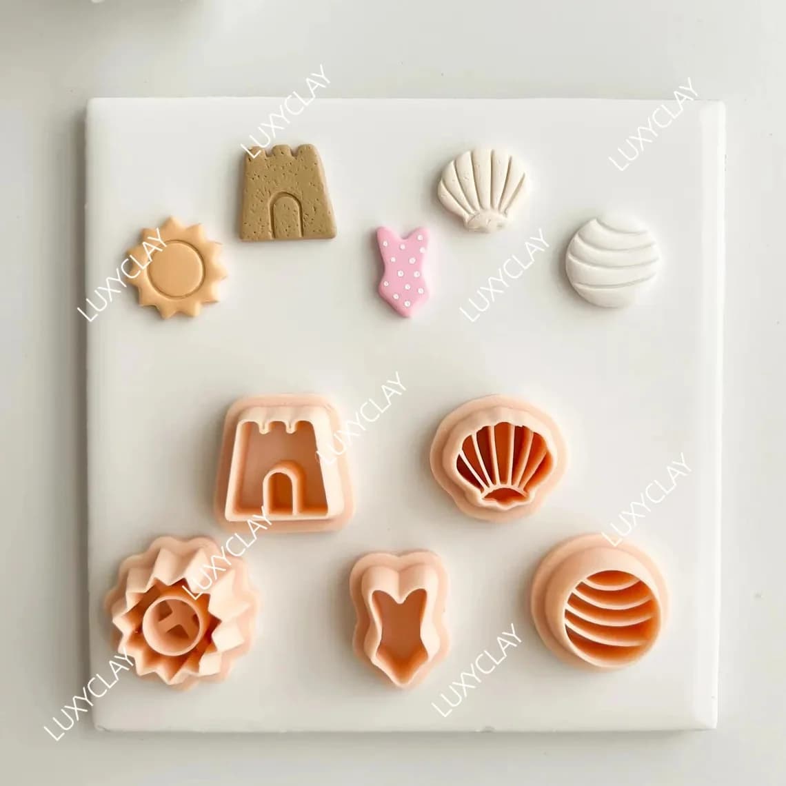 5pcs Ocean Theme Clay Molds, Sand Castle, Shell, Sun, Bikini, Volleyball Shape Polymer Clay Cutters for Jewelry Earrings Making