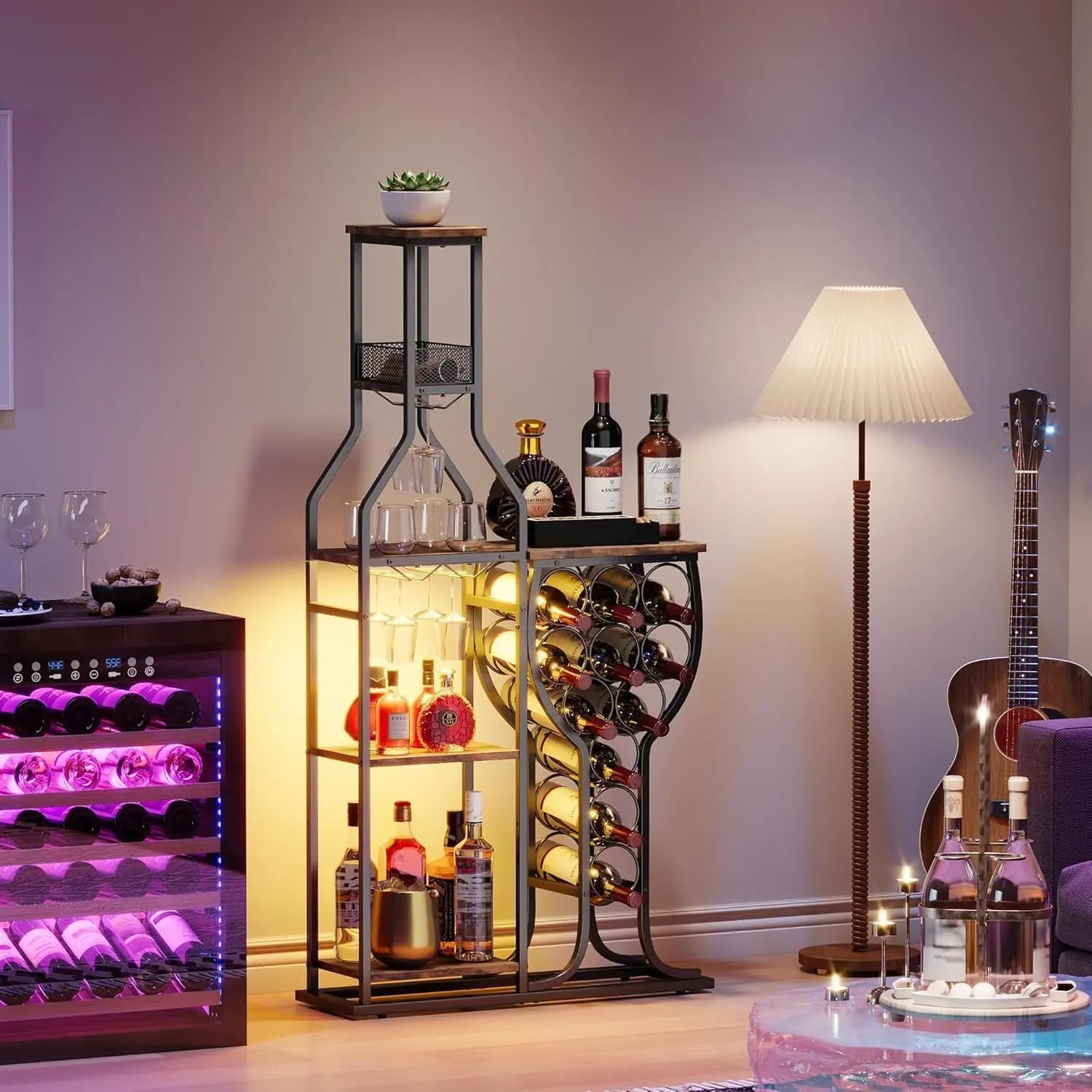 Portabottiglie a 5 livelli autoportante con illuminazione RGB, porta bicchieri e spazio contenitore per bar domestico