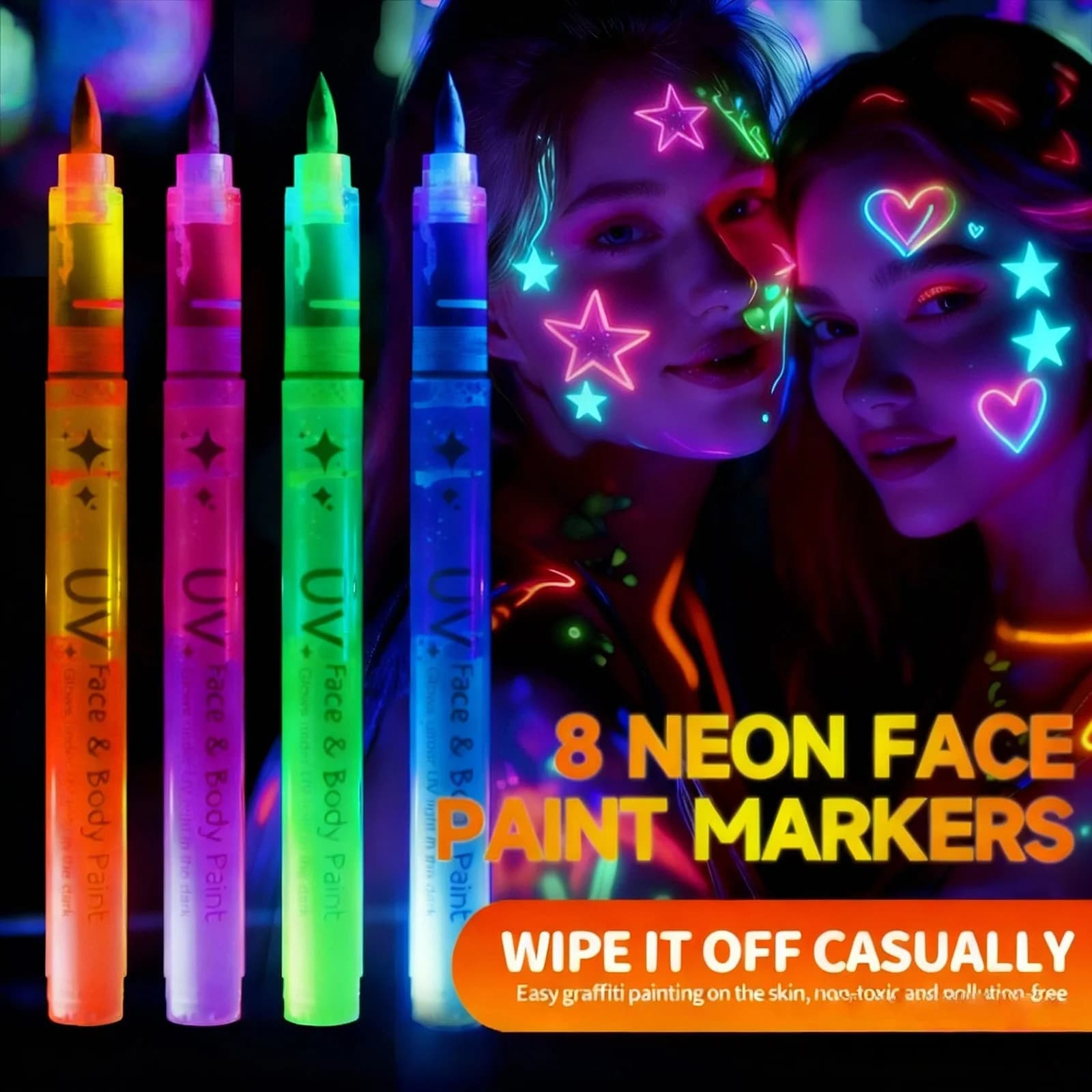 Set di 8 Pennarelli UV Colorati Fluorescenti a Inchiostro Liquido per Concerti e Body Painting, Evidenziatori, Penne Luminose
