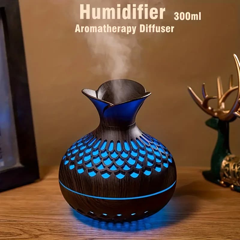Vaso di legno da 300 ml luce colorata Nebbia fredda Umidificatore Aromaterapia Diffusore di oli essenziali USB mini Umidificatore