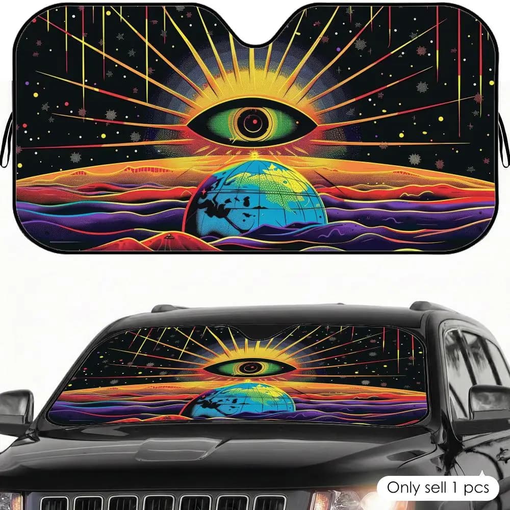 Parasole per auto con visiera protettiva per gli occhi, stile hippie psichedelico, protezione UV, copertura riflettente pieghevole per isolamento termico