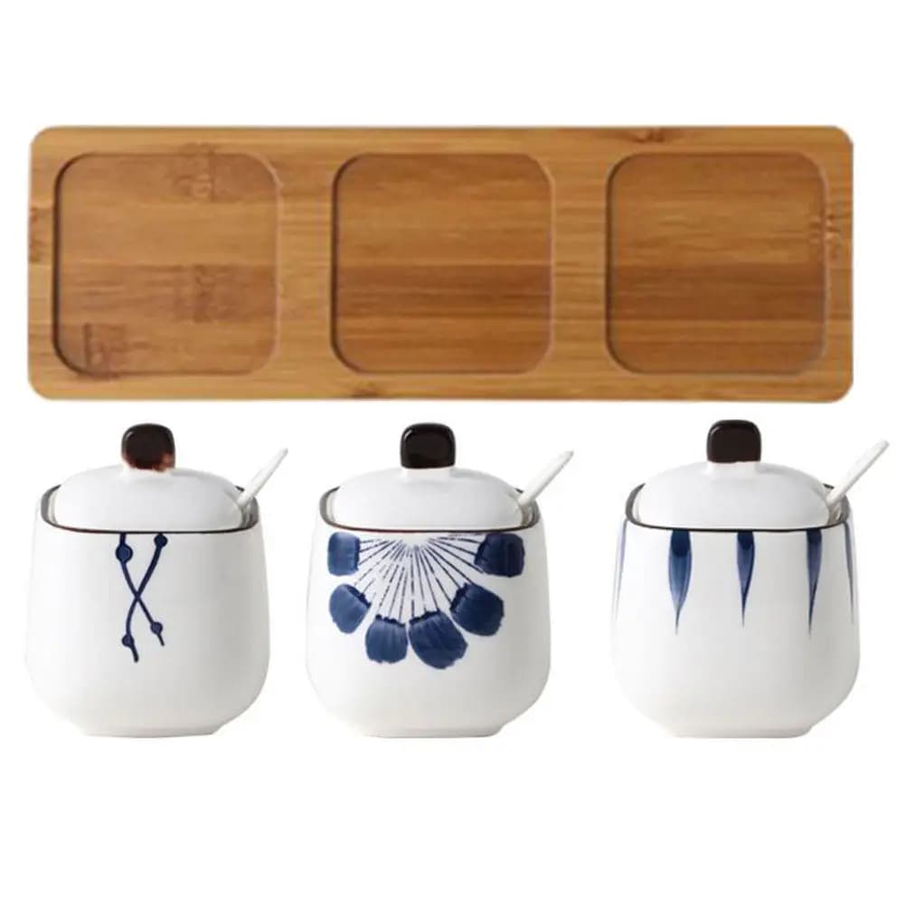 1Set Premium Ceramic and Bamboo Seasoning Jar Set with Lids Spoons Space Saving Kitchen Spice Containers Salt Sugar Jar Set
