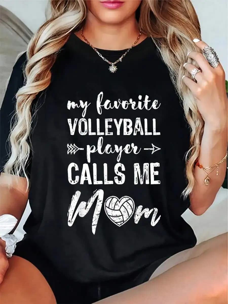 100% Cotton Volleyball Mom Graphic T‑Shirt Crew Neck Short Sleeve Volleyball Player Sports Mom Casual Fan Tee