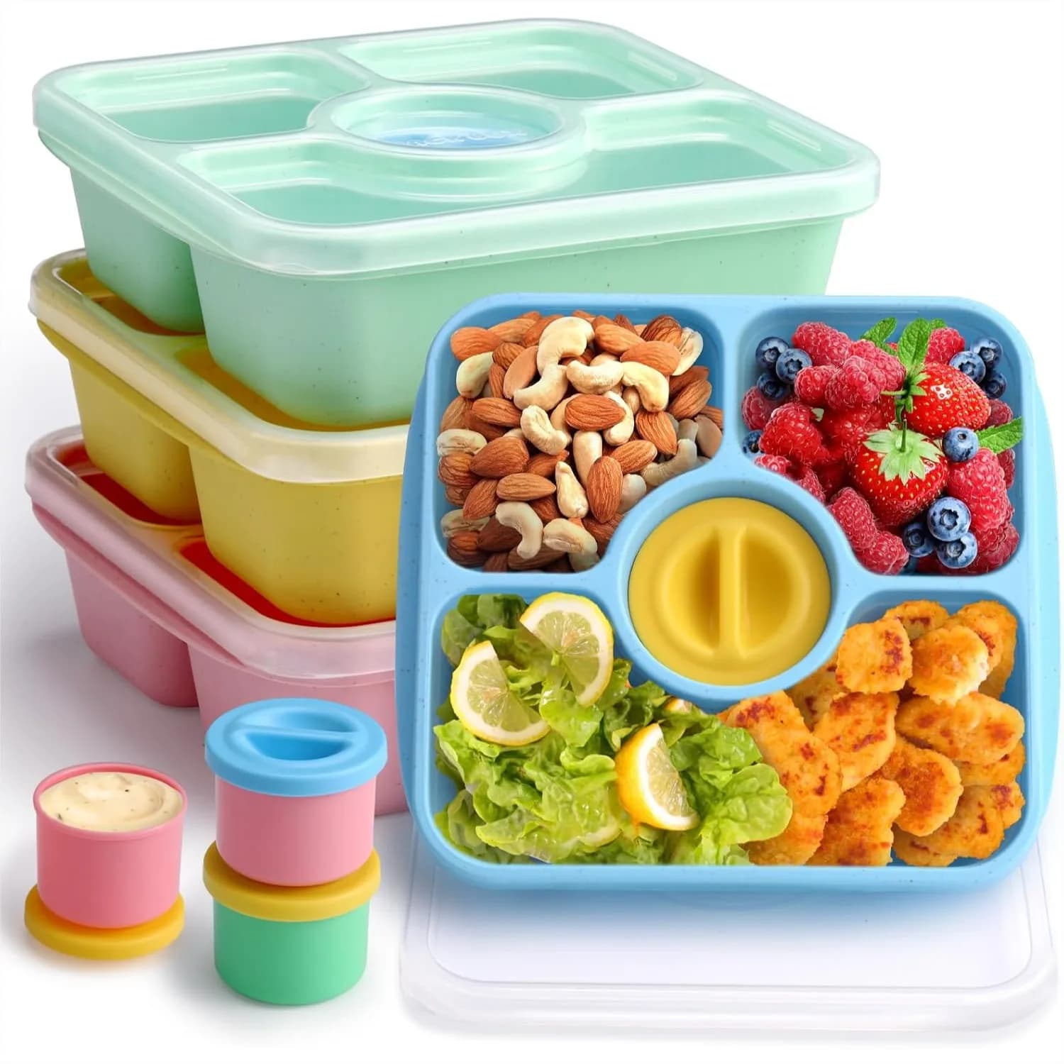 Contenitori per Bento Box da 4 Pezzi per Adulti e Bambini, Impilabili per la Preparazione dei Pasti con 3+1 Scomparti e 4 Contenitori per Salse, Senza BPA