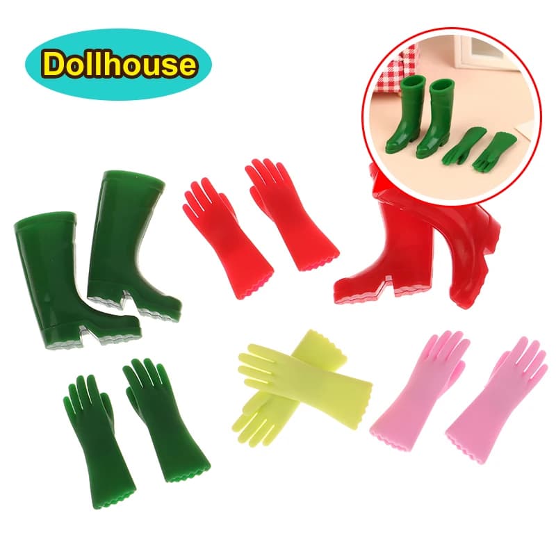 1Set 1:12 Casa delle bambole in miniatura Stivali da pioggia Guanti da giardinaggio Guanti Guanti da forno Guanti da bucato Modello Farm Decor Toy