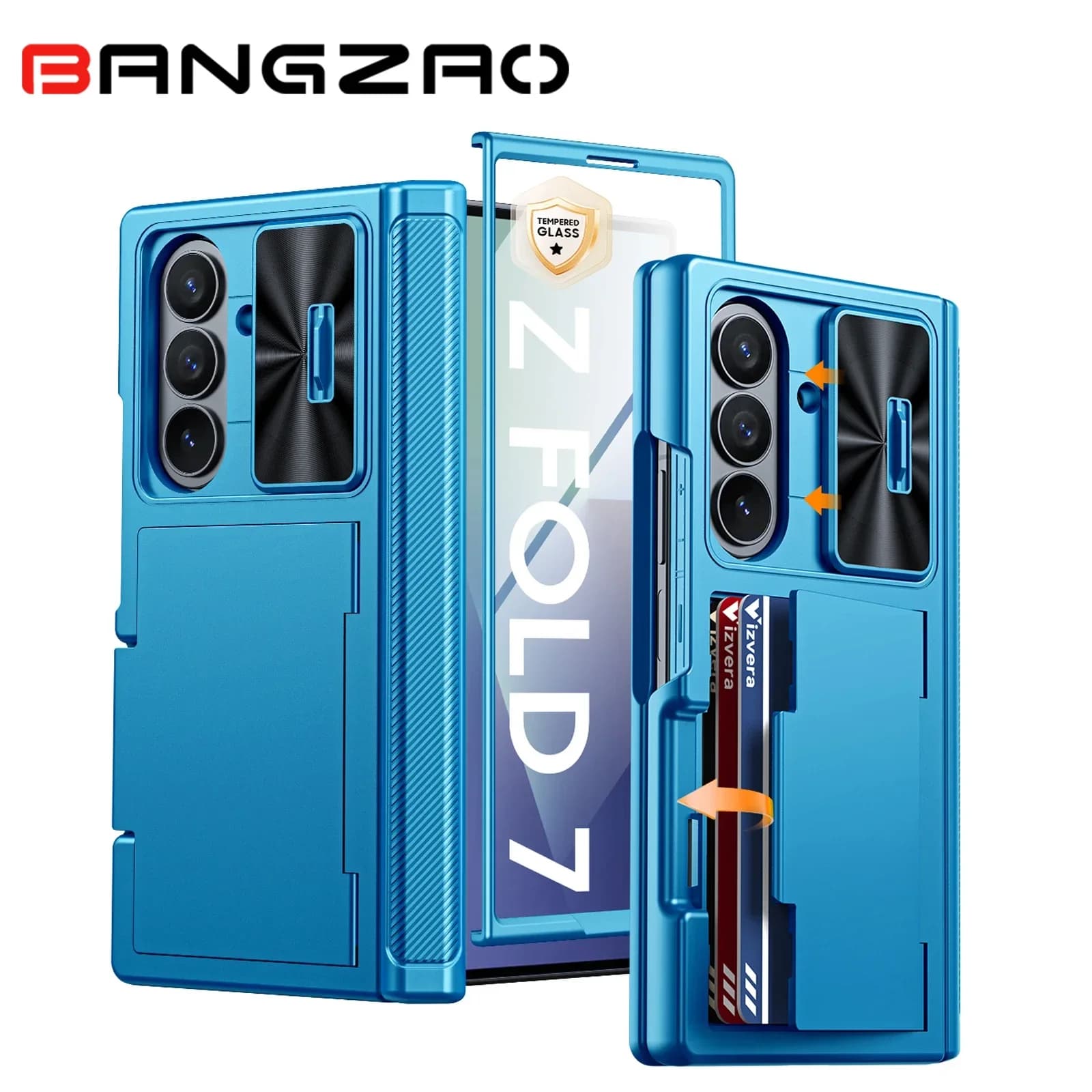 Custodia Antiurto per Galaxy Z Fold 7 con Porta Carte, Copri Fotocamera Scorrevole, Blocco RFID, Protezione da Caduta di Grado Militare - Azzurro