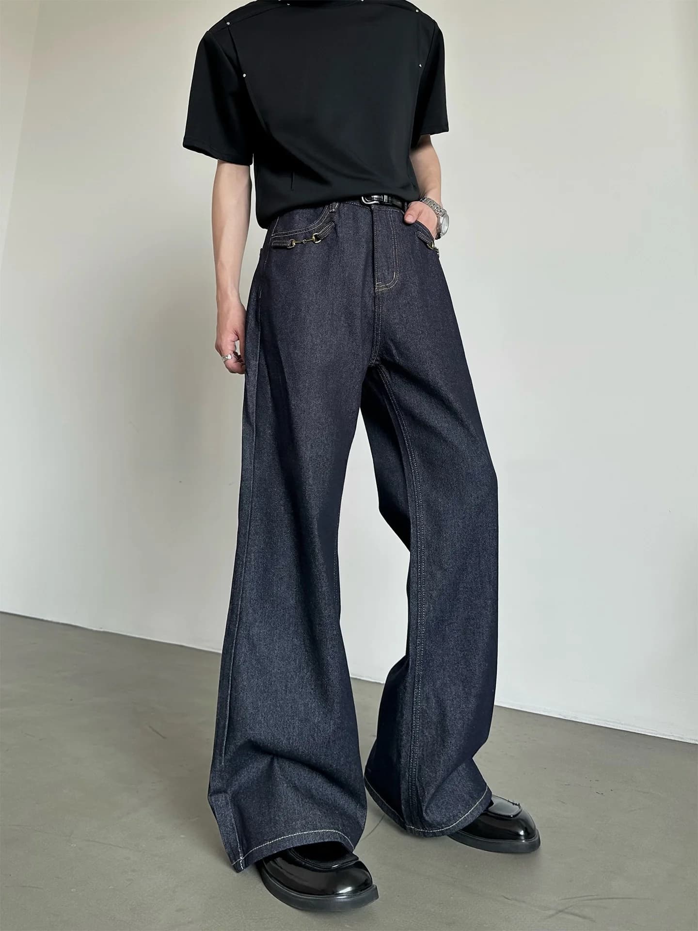 Loose Wide Leg Original Jeans Metal Buckle Bell Bottoms Youth Fashion Summer Casual Cotton Trousers Cool Style Pure Color