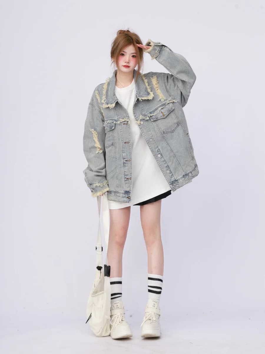 Nuova Giacca in Denim Oversize da Donna 2026, Stile Workwear Lavato e Strappato, Manica Lunga con Colletto, Moda Primavera-Autunno