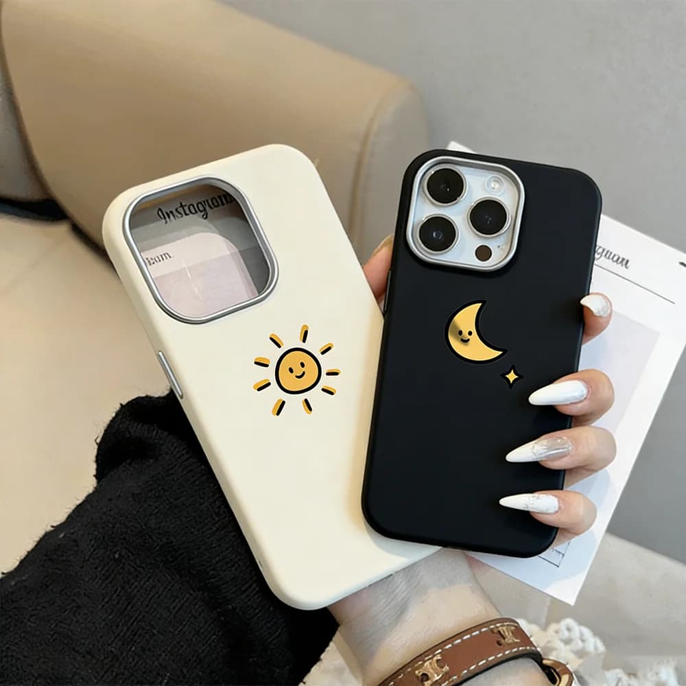 Custodia per telefono a tema Luna e Sole per coppie, compatibile con iPhone 17 16 15 Pro Max Plus 15 14 Pro 13 12 11 7 8 SE 16E XR XS, anti-caduta