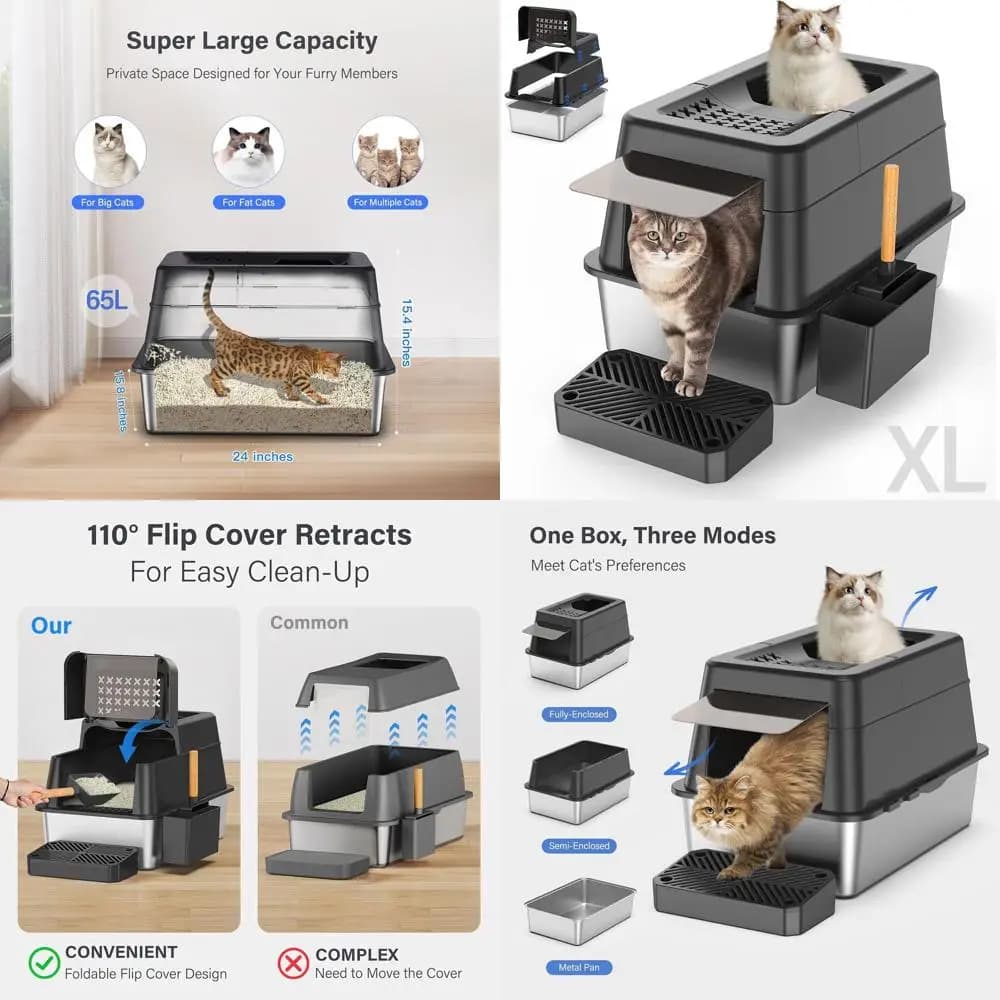 Lettiera per Gatti Extra Large in Acciaio Inossidabile con Coperchio Ribaltabile, Ingresso Superiore, Bordi Alti, Pedale e Paletta (Nero)