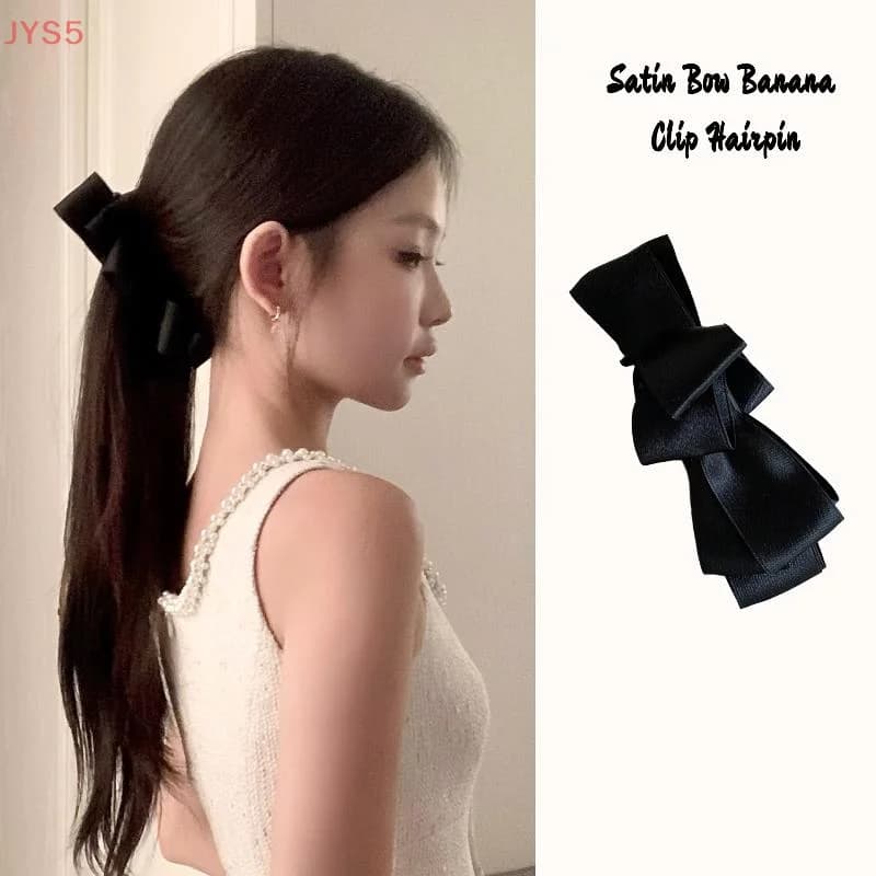 Accessorio per capelli di fascia alta con clip a banana con fiocco in raso vintage per code di cavallo alte