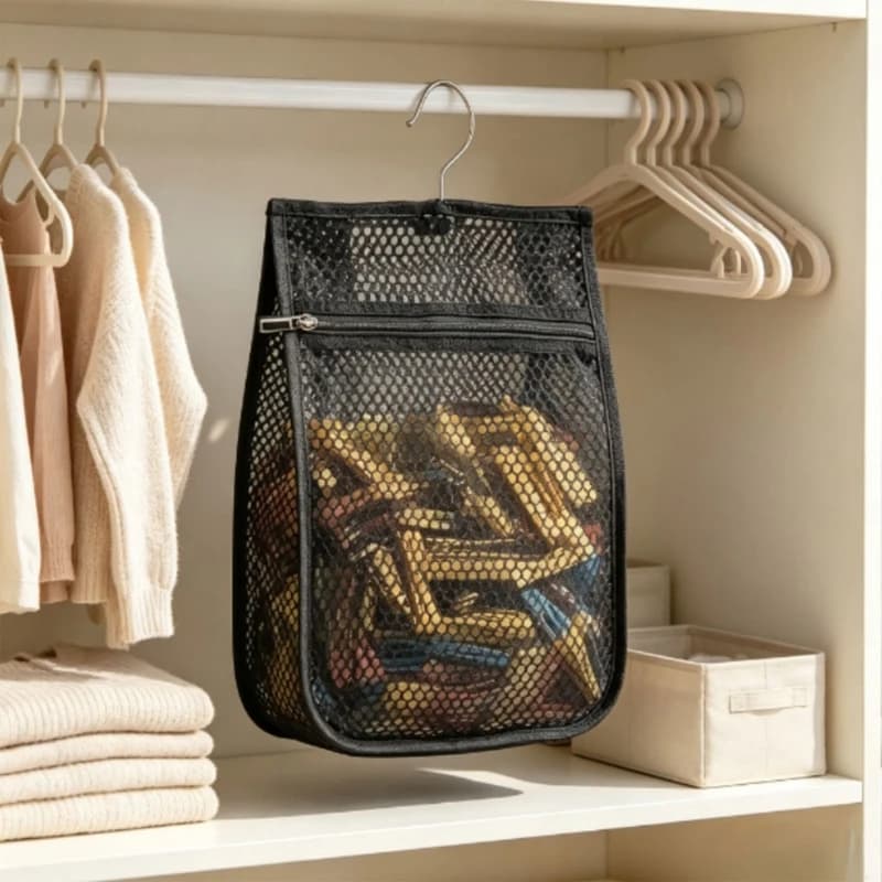 Hanging Clothespin Storage Bag, Breathable Net Laundry Accessory Holder with Hook and Front Pocket, for Laundry Room Y5GB