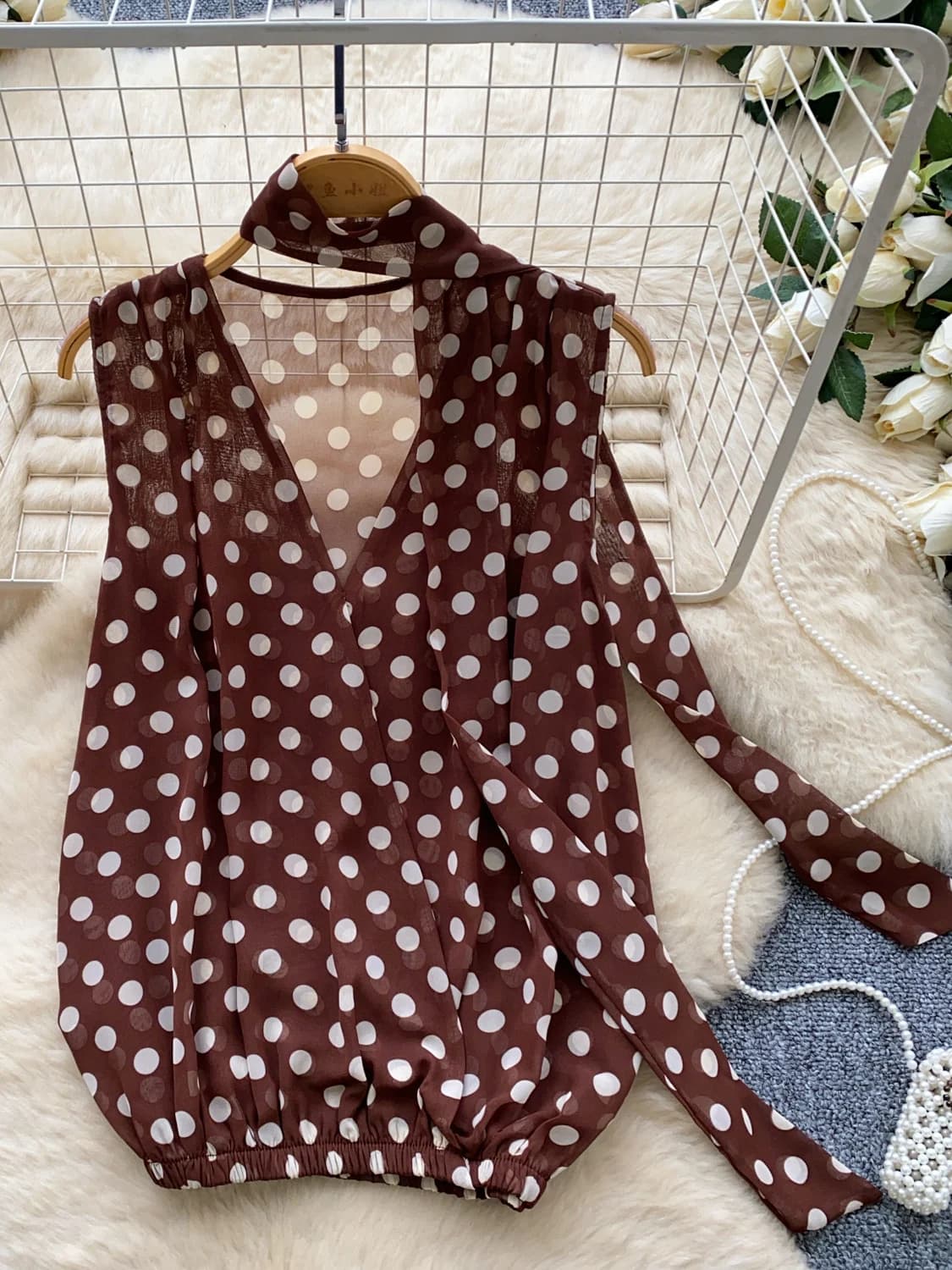 Commuting Style Loose Sleeveless Chiffon Blouse Women's Spring Summer Polka Dot Breathable Lantern Sleeve Open Cardigan