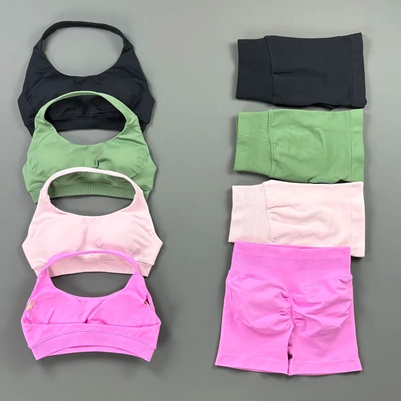 2Pcs Workout Set Women Halter Removable Pads Sports Bra Seamless Rib Scrunch Butt Biker Shorts Gym Yoga Pilates Activewear