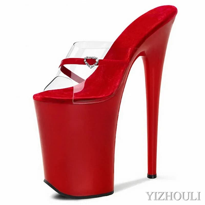 Top transparent heart-shaped finish, 23 cm high open heels, 9 inch sexy holiday slippers