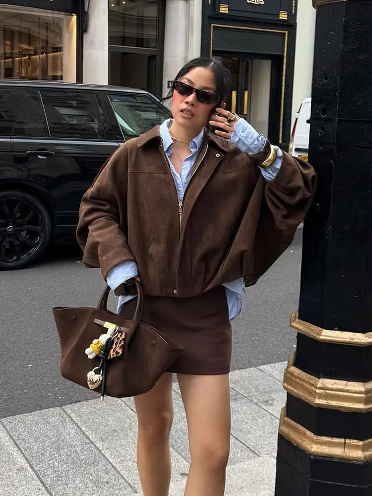 HH Autunno Donna Allentato Casual Giacca oversize Vintage Solido Manica lunga Cerniera Cappotto in pelle scamosciata Nuova moda femminile Y2K Streetwear
