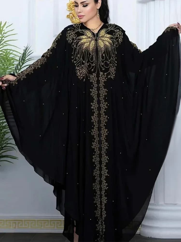 Eid Muslim Dress for Women Bat sleeve Abaya Diamond Jalabiya Morocco Caftano Party Dresses Dubai Abaya Caftano Long Dresses