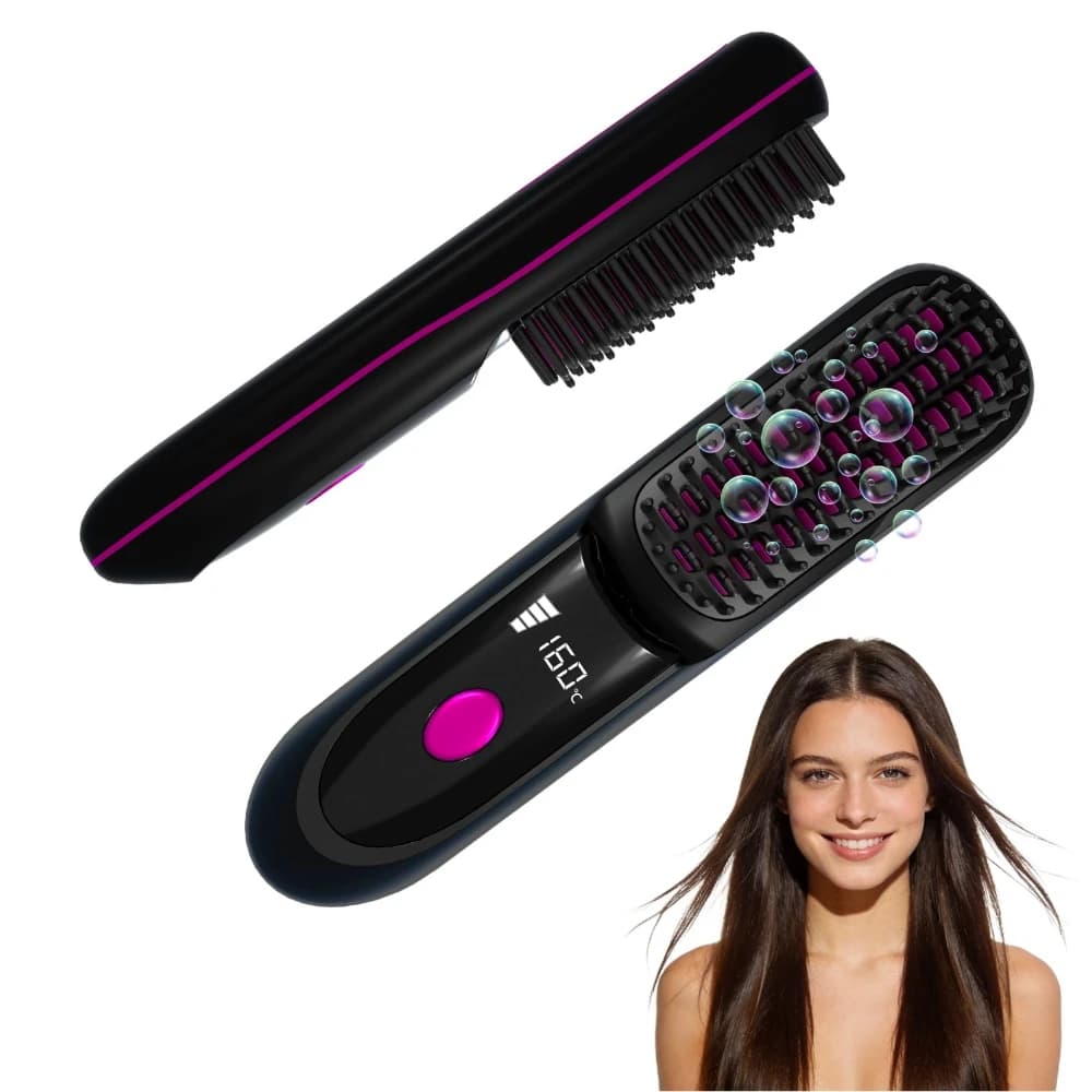 Spazzola Lisciante Portatile Nera 2026 per Viaggi, con Display LCD della Temperatura, Riscaldamento Rapido, Mini Spazzola per Capelli Senza Fili