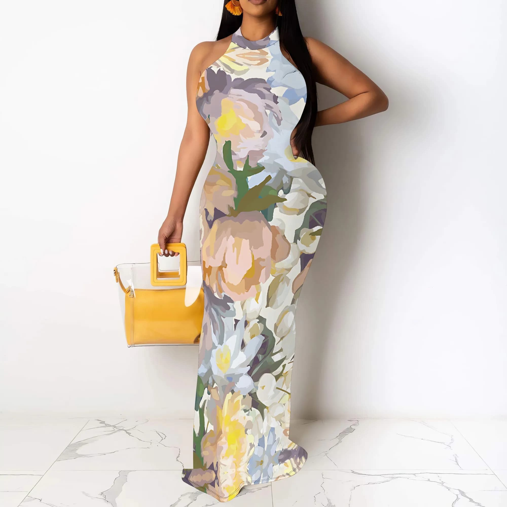 Abito lungo senza maniche Stampa floreale astratta oversize con pittura a olio Elegante abbigliamento da spiaggia estivo chic