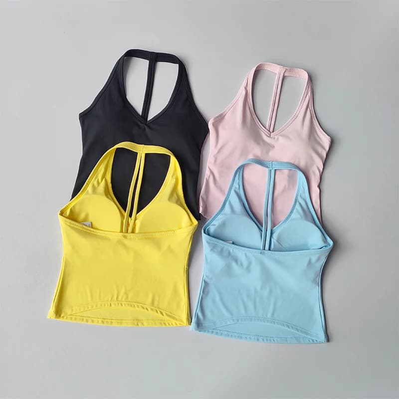 Intimo sportivo con scollo a V, collo estivo, cavezza, bella schiena, tuta da yoga, gilet che raccoglie fuori indossando reggiseno fitness da palestra da corsa