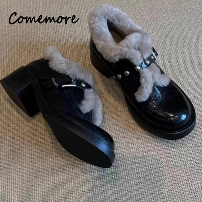 Comemore Vintage Thick Heeled Women's Boots Plush Mary Jane Leather Winter Warm Shoes One-Buckle Straps Loafers Female Footwears