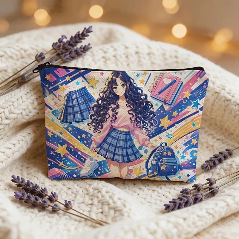 1 pezzo di borsa per il trucco con motivo collage di elementi come ragazza anime con gonna a quadri, libro con stelle e mini zaino - Pochette multifunzionale con cerniera per donna, perfetta borsa da viaggio con cerniera, divertente regalo di compleanno