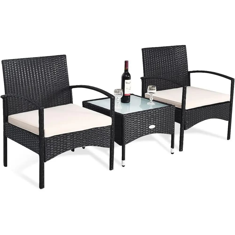 Garden set in outdoor wickers in 3 pieces with glass table, 2 chairs and cushions, white