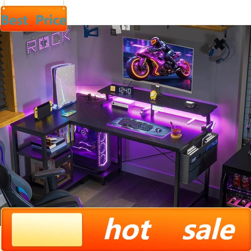 L Gaming desk with USB ports, LED lights, Storage shelves and Monitor support, Carbon Fiber Effect, Black - Promotion 40