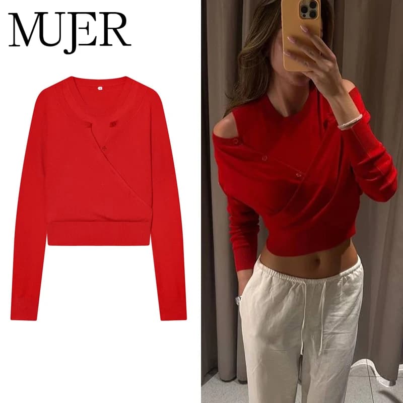 MUJER Maglioni cardigan rossi Maglione lavorato a maglia doppio strato da donna Maglioni corti con spalle scoperte per donna Pullover in jersey con bottoni