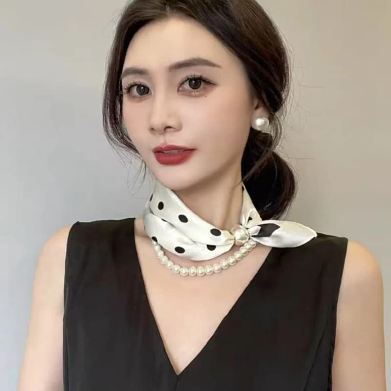 Pearl Silky Scarves For Spring & Summer Magnetic Buckle Scarves Dot Striped Print Neckerchief Elegant Choker Gift for Ladies