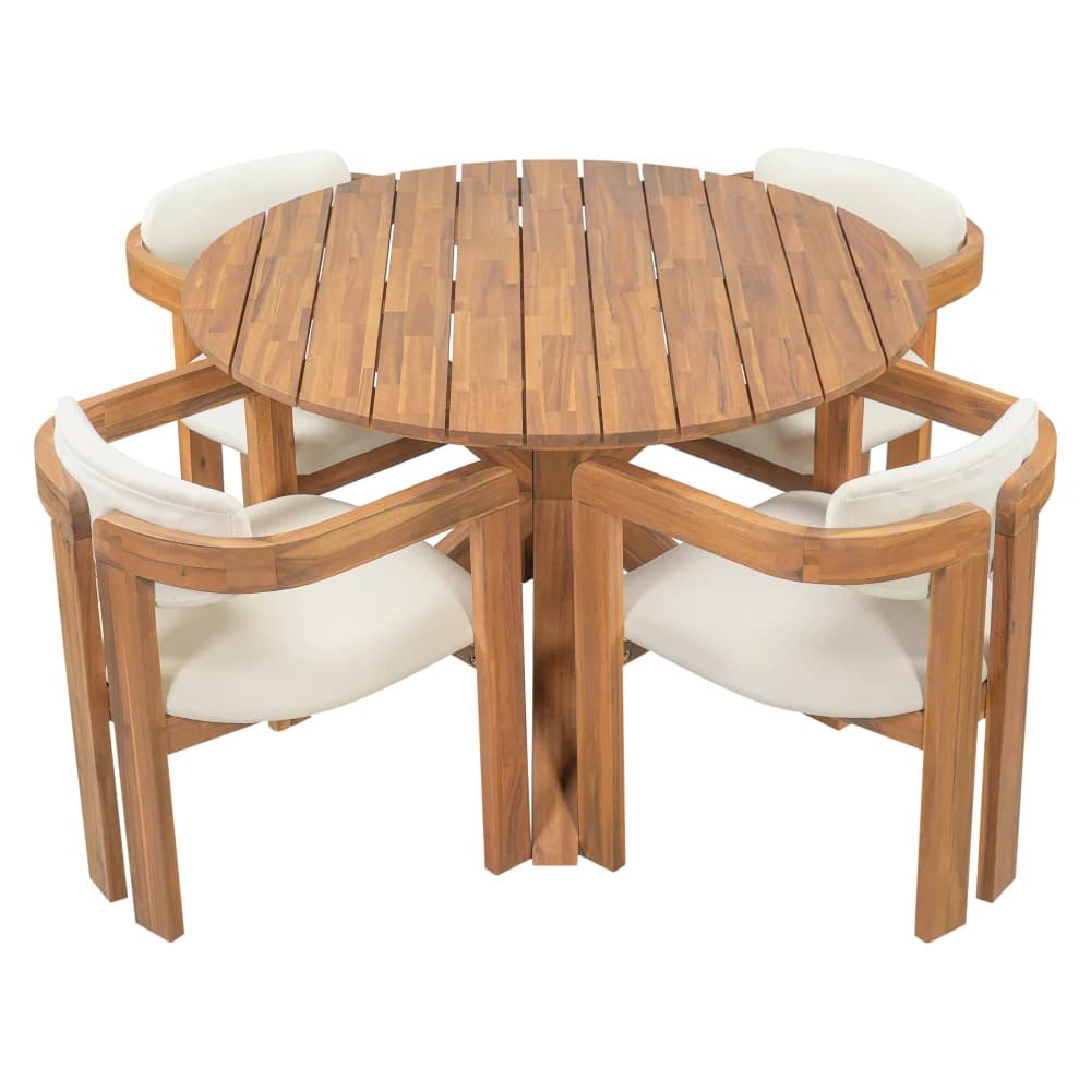 5-Piece Outdoor Acacia Wood Round Dining Set, Solid Wood Patio Table with 4 Barrel Chairs, Cushioned Seats & Backs, Modern Garden Conversation Set, Beige Cushion