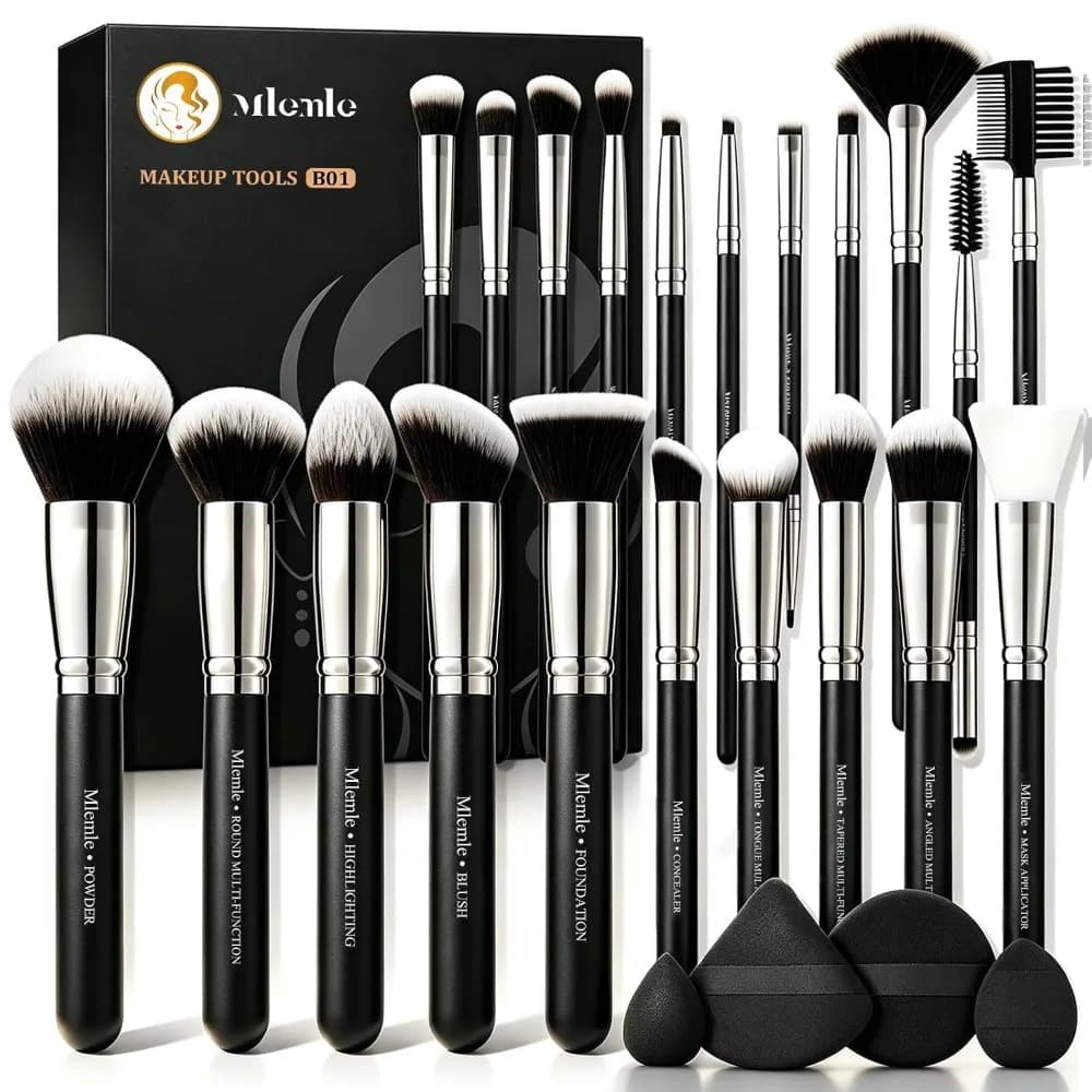 Professional Makeup Brushes Set of 25 Pieces Kit with Foundation Powder Blush Concealer Eyeshadow Brushes 21 Pcs 2 Powder Puffs 2 Makeup Sponges Beauty Cosmetics Tools Black