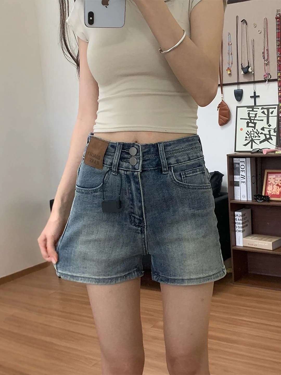 High Waist A-Line Denim Shorts Women's Summer New Style plus Size Retro Blue Jeans Elastic Waist Slimming Hip Covering Hot Pants